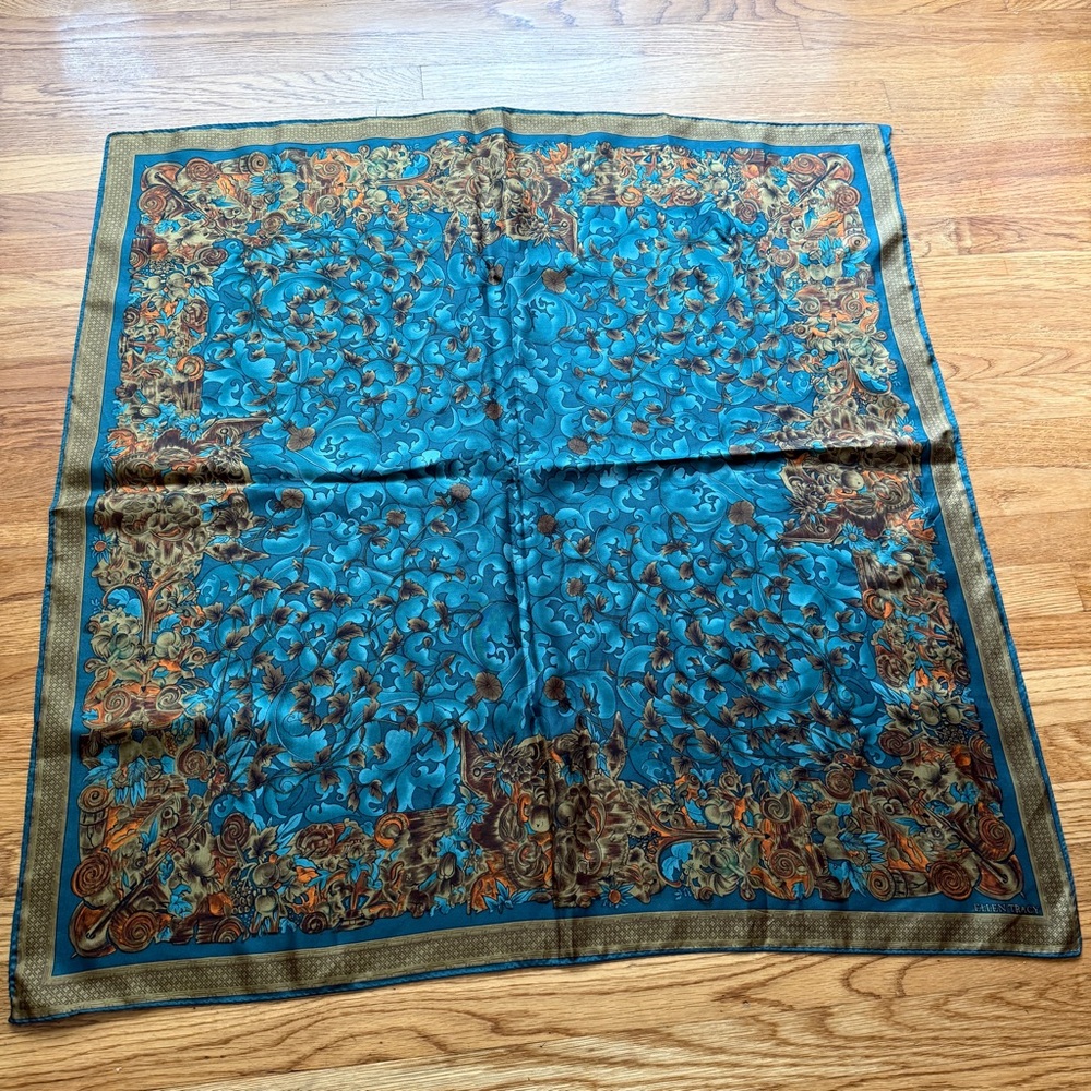 Vintage Ellen Tracy teal and orange chic silk boho scarf - Picture 10 of 12